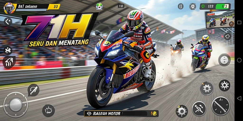 Screenshot menampilkan aksi balapan motor yang mendebarkan di 71H.