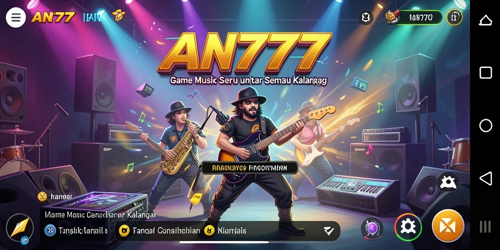 Tangkapan layar AN777 menunjukkan gameplay seru dengan berbagai pilihan musik.