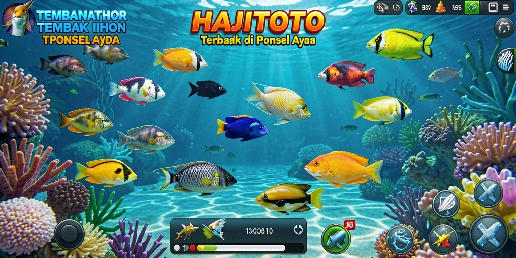 Tampilan seru gameplay HAJITOTO saat menembak ikan berwarna-warni.